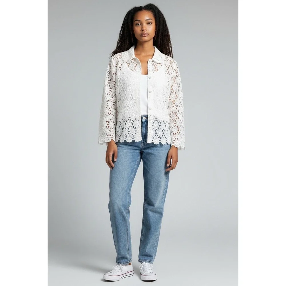 Vintage Lilly Pulitzer White Cotton Eyelet Lace Button Down Shirt Rose Buttons